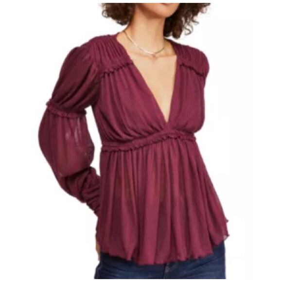 Free People Tops - Free People | Women's Burgundy Sheer Festival Boho Day Dreaming Blouse Sz XS